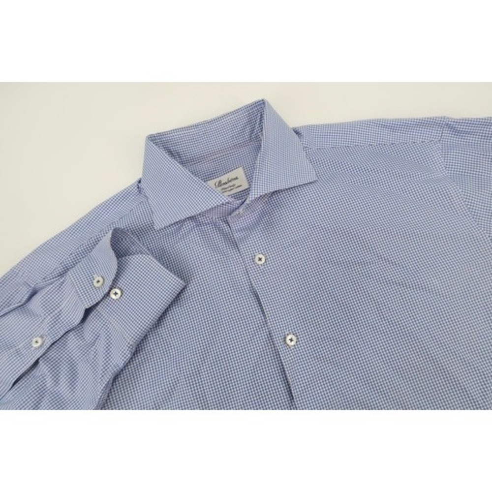 Stenstroms Dress Shirt Mens 17 Fitted Body Blue Checks Gingham Twofold Cotton